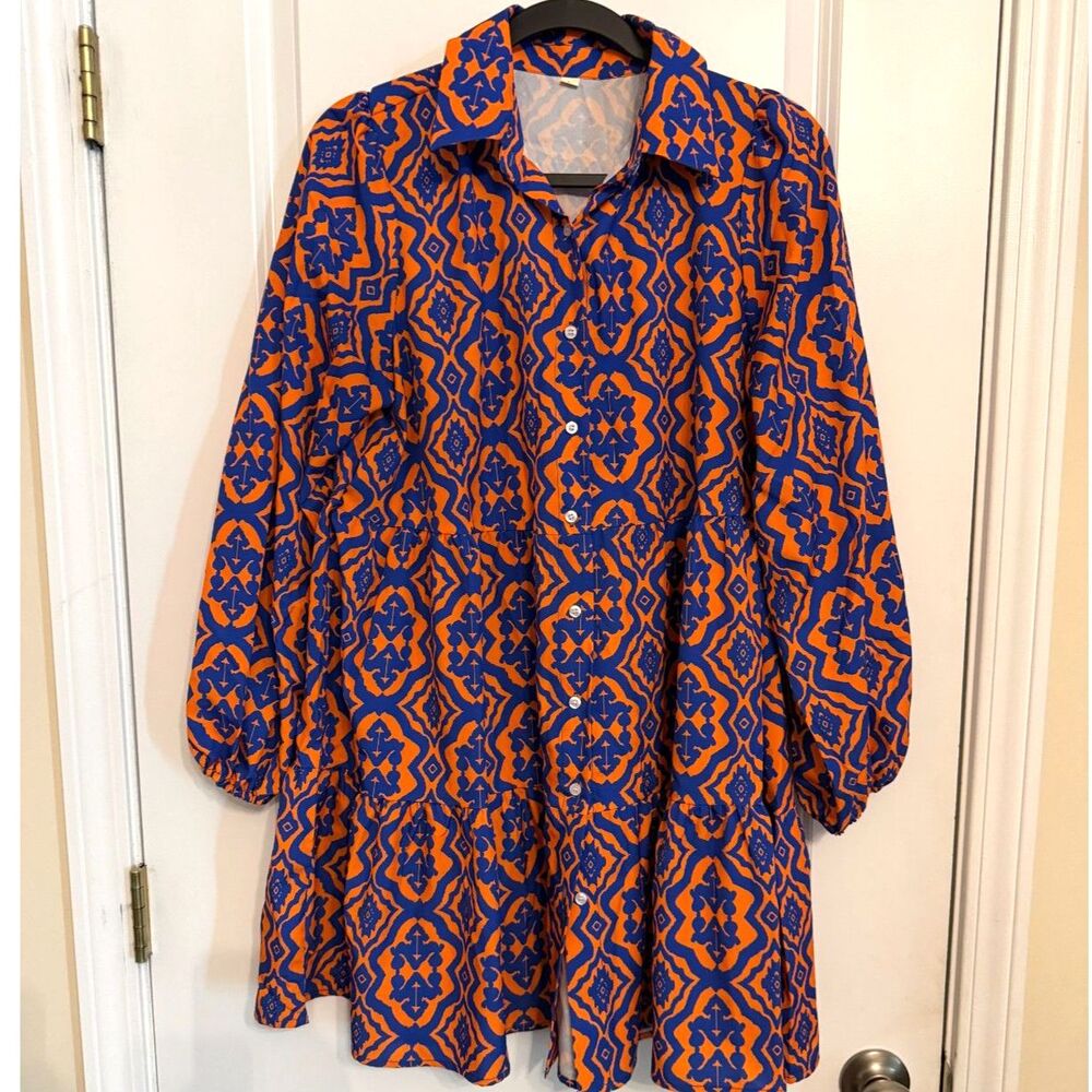 Women’s Orange & Royal Blue Geometric Tiered Shirt Dress – Size Large